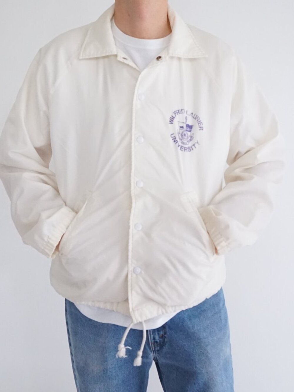 Trimark White Wilfrid Laurier University Crest Spellout Snap Coaches Varsity L